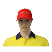 Load image into Gallery viewer, Red cap with 'WARDEN' text on a mannequin head wearing a yellow shirt with a blue collar.