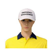 Load image into Gallery viewer, Mannequin wearing a yellow shirt with a blue collar and a white cap with 'EMERGENCY MANAGEMENT' text on a white background.