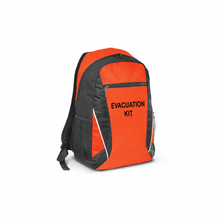 Load image into Gallery viewer, A orange and black backpack designed to look like an evacuation kit, featuring the words 'EVACUATION KIT' printed in black on the front, set against a plain white background.