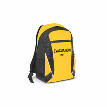 Load image into Gallery viewer, A yellow and black backpack designed to look like an evacuation kit, featuring the words 'EVACUATION KIT' printed in black on the front, set against a plain white background.