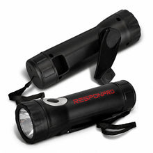 Load image into Gallery viewer, Two black flashlight-style emergency torches on a white background, one showing a red RESPONPRO logo and the other displaying a whistle and clip.