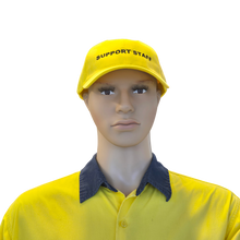Load image into Gallery viewer, A mannequin wearing a yellow cap with the text 'SUPPORT STAFF' embroidered on it.