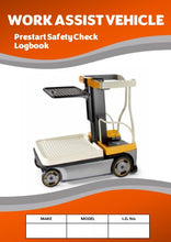 Load image into Gallery viewer, Work assist vehicle prestart safety check logbook cover with a forklift illustration on an orange and gray background.