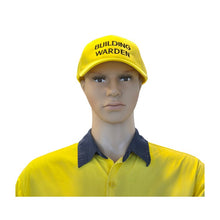 Load image into Gallery viewer, Mannequin wearing a yellow 'Building Warden' cap and shirt on a white background
