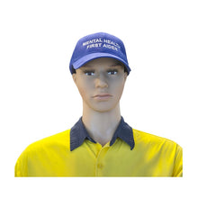 Load image into Gallery viewer, Mannequin wearing a yellow shirt and purple 'Mental Health First Aider' cap on a white background
