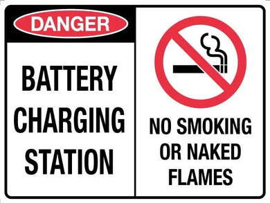 Danger Battery Charging Station and No Smoking or Naked Flames Sign