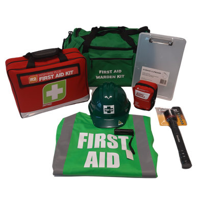 First Aid Warden Kit - Deluxe including first aid kit, burns module, hard hat, safety vest, clipboard, torch, bag