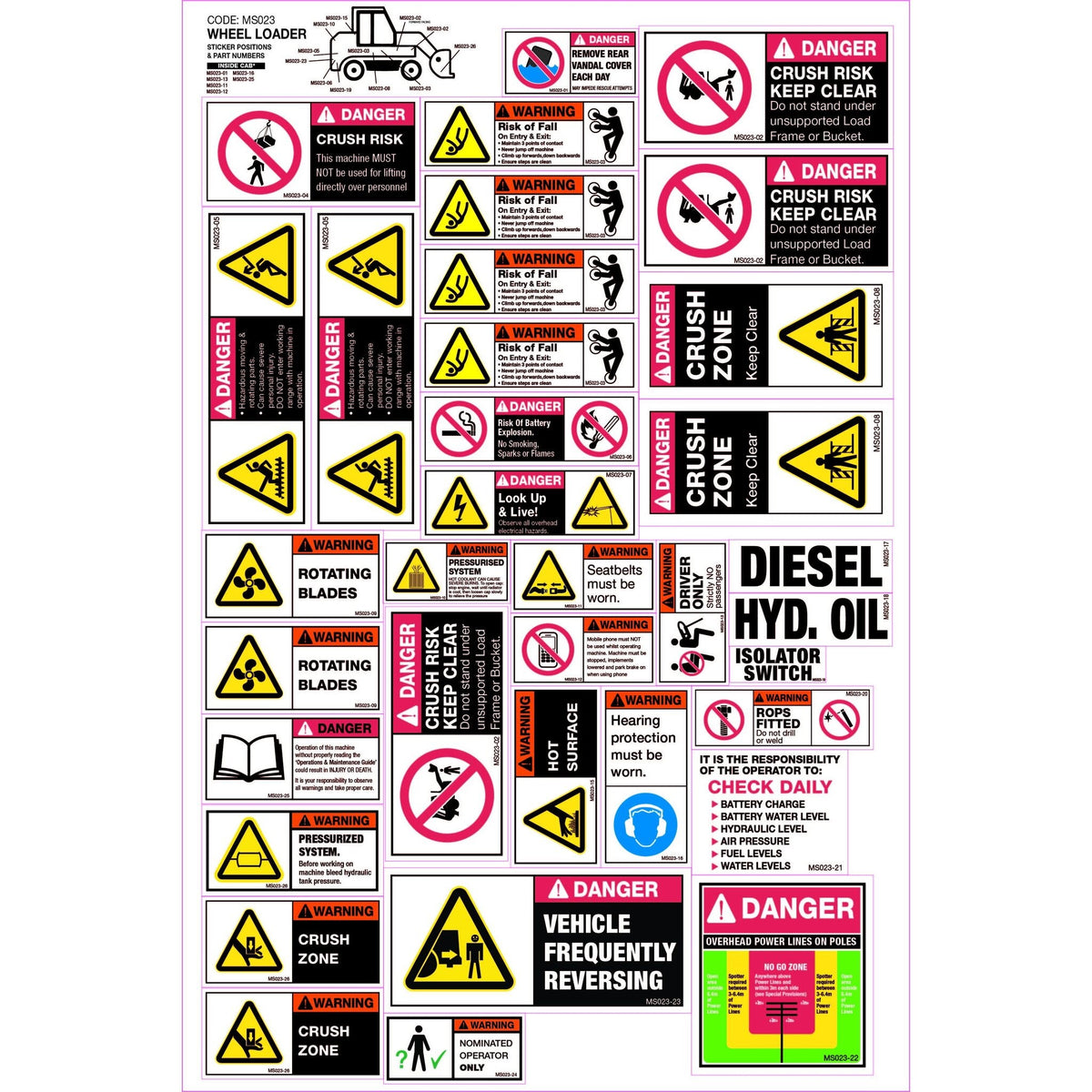 Tall Machine Warning Sticker Machinery Safety Sticker/Decal Set, Wheel Loader