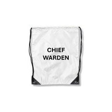 Load image into Gallery viewer, White drawstring bag with 'CHIEF WARDEN' text on a white background

