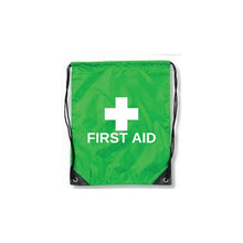 Load image into Gallery viewer, Green drawstring bag with a white cross and 'FIRST AID' text on a white background
