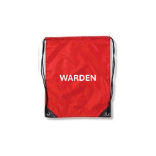 Load image into Gallery viewer, Red drawstring bag with 'WARDEN' printed on it against a white background

