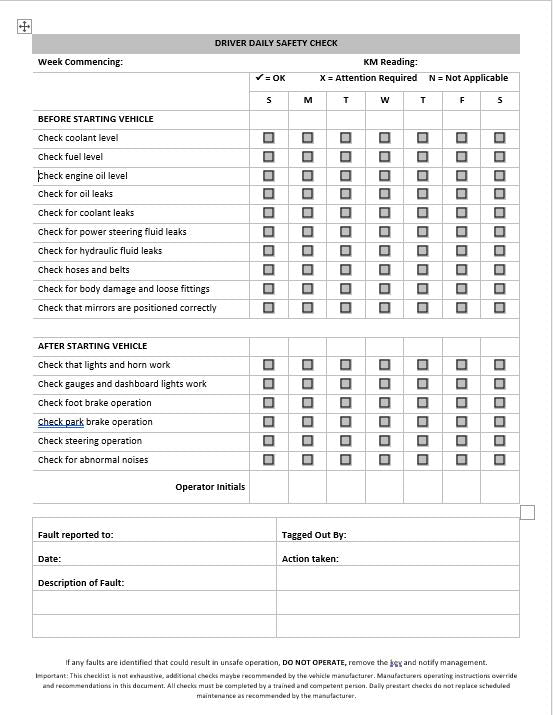 Safe Start Checklist.pdf Light Vehicle Safety Pre Start Check & Maintenance Logbook
