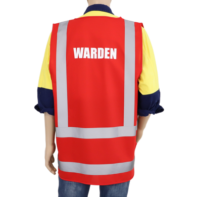 Red Fire Warden Vest back view with text 'Warden'