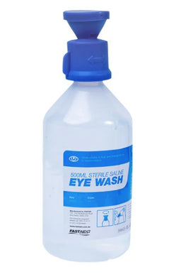 Eye wash bottle with blue and white label on a white background