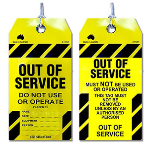 Safety Tag "Out of Service" showing front and back