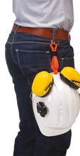 Load image into Gallery viewer, Person wearing a white hard hat, yellow ear protection, and a brown belt with an orange clip on a white background
