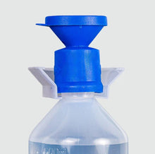 Load image into Gallery viewer, Clear bottle with blue cap and funnel on a white background
