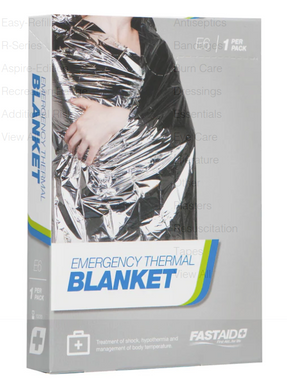 Emergency thermal blanket packaging with a person wrapped in it.