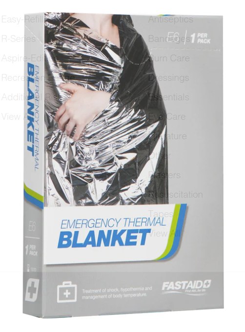 Emergency thermal blanket packaging with a person wrapped in it.