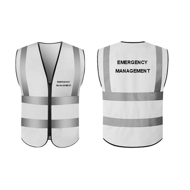 White safety vest with 'Emergency Management' text on a white background