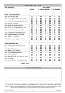 Work Assist Vehicle (WAV) Operator Pre Start Maintenance Checklist Logbook