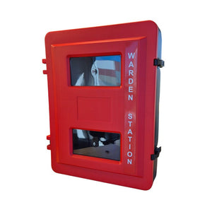 Red 'Warden Station' with on a white background
