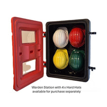 Load image into Gallery viewer, Red &#39;Warden Station&#39; with 4 hard hats on a white background
