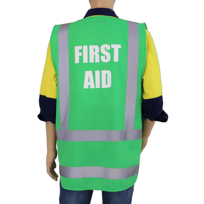 Hi Vis Green First Aid Officer and Warden Zip Up Vest Back View