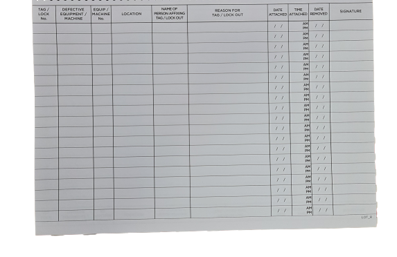 Lock Out / Tag Out / Isolation Register Book