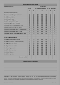 Order Picker Forklift Safety Pre Start Checklist and Maintenance Logbook Inside Page