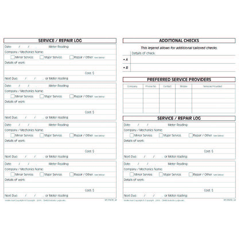 Snow Inspection Log Snow Vehicles Safety Pre Start Check & Maintenance Logbook