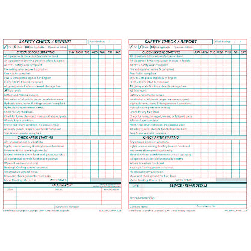 Compactor Inspection Log Roller Compactor Pre Start Check & Maintenance Logbook